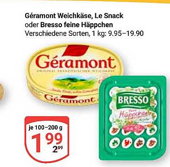 Géramont Weichkäse, Le Snack oder Bresso feine Häppchen