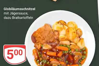 Globuliäumschnitzel mit Jägersauce, dazu Bratkartoffeln