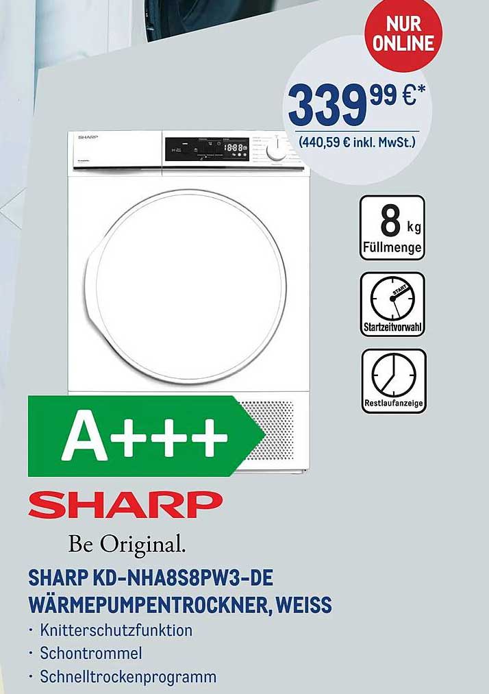 SHARP KD-NHA8S8PW3-DE WÄRMEPUMPENTROCKNER, WEISS