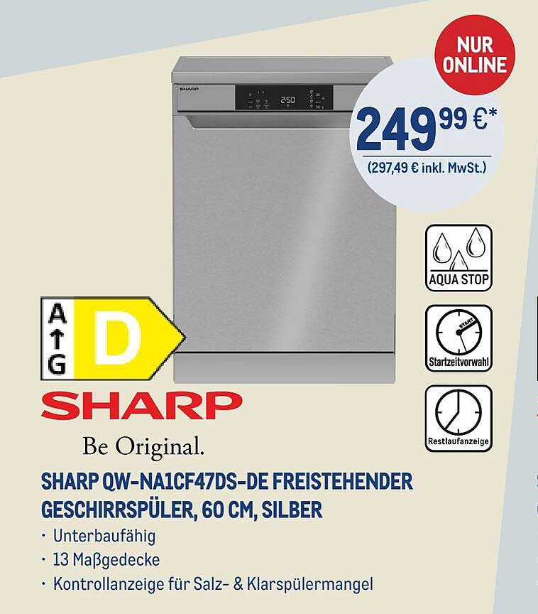 SHARP QW-NA1CF47DS-DE Freistehender Geschirrspüler, 60 CM, SILBER