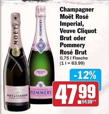 Champagner Moët Rosé Imperial, Veuve Clicquot Brut oder Pommery Rosé Brut