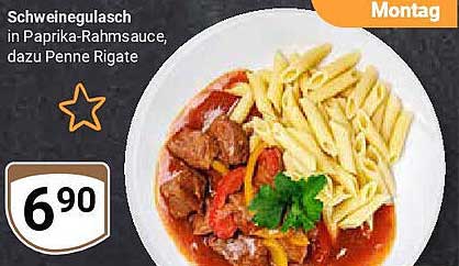 Schweinegulasch in Paprika-Rahmsauce, dazu Penne Rigate