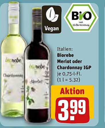 Biorebe Merlot oder Chardonnay IGP