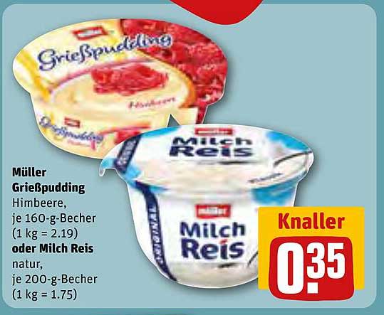 Müller Grießpudding Himbeere oder Milch Reis natur