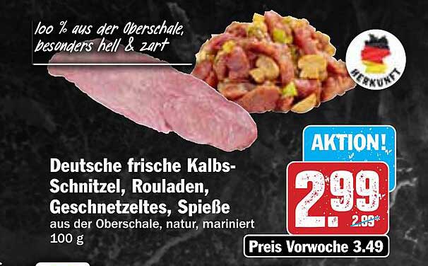 Deutsche frische Kalbs-Schnitzel, Rouladen, Geschnetzeltes, Spieße