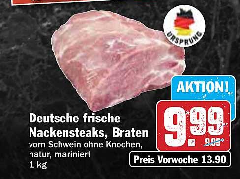 Deutsche frische Nackensteaks, Braten vom Schwein ohne Knochen, natur, mariniert