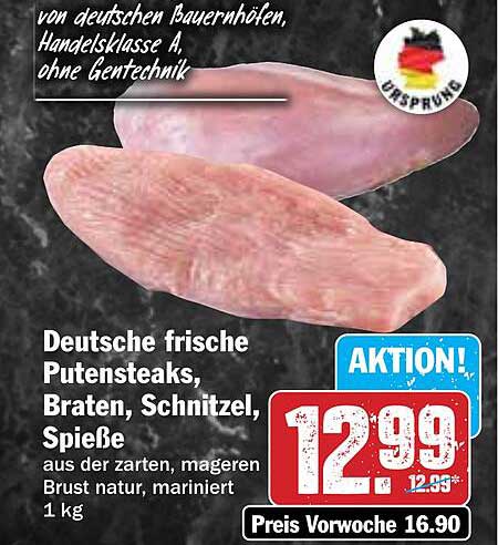 Deutsche frische Putensteaks, Braten, Schnitzel, Spieße