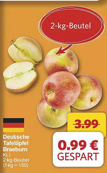 Deutsche Tafeläpfel Braeburn 2-kg-Beutel