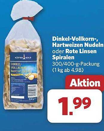 Dinkel-Vollkorn-, Hartweizen Nudeln oder Rote Linsen Spiralen