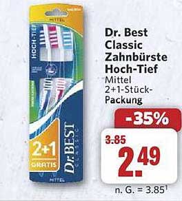 Dr. Best Classic Zahnbürste Hoch-Tief Mittel 2+1-Stück-Packung