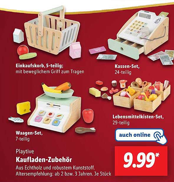 Einkaufskorb, 5-teilig  
Kassen-Set, 24-teilig  
Waagen-Set, 7-teilig  
Lebensmittelkisten-Set, 29-teilig  
Playtive Kaufladen-Zubehör  