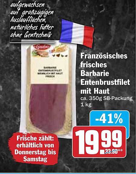 Französisches frisches Barbarie Entenbrustfilet mit Haut