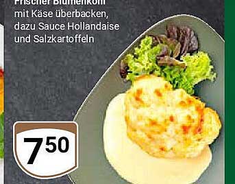 Frischer Blumenkohl mit Käse überbacken, dazu Sauce Hollandaise und Salzkartoffeln