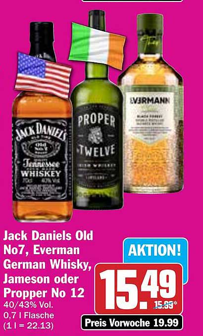 Jack Daniels Old No7, Evermann German Whisky, Jameson oder Proper No 12