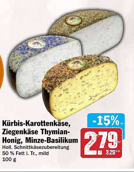 Kürbis-Karottenkäse, Ziegenkäse Thymian-Honig, Minze-Basilikum