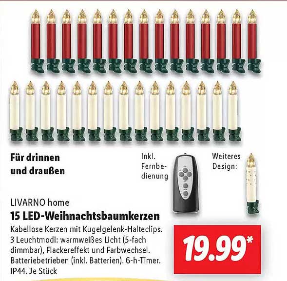 LIVARNO home 15 LED-Weihnachtsbaumkerzen