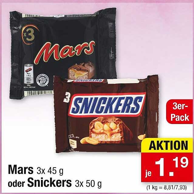 Mars 3x 45 g oder Snickers 3x 50 g