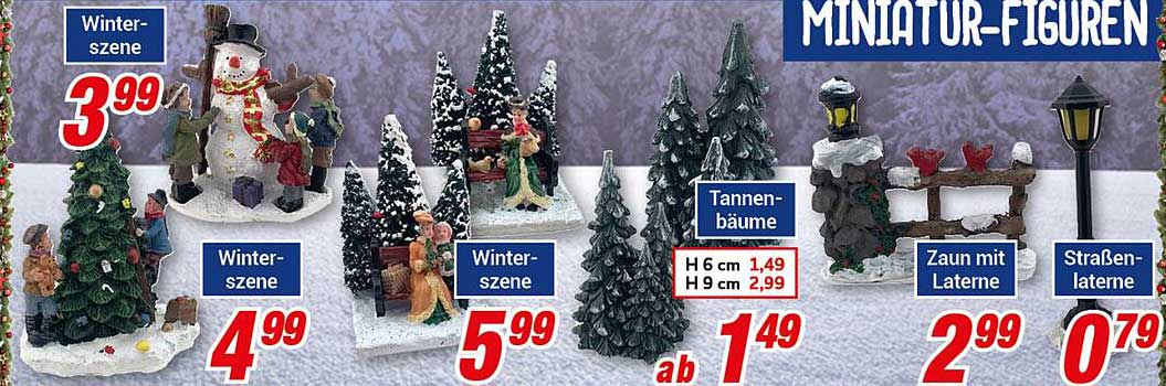 Miniatur-Figuren  
Winter-szenen  
Tannen-bäume  
Zaun mit Laterne  
Straßen-laterne  