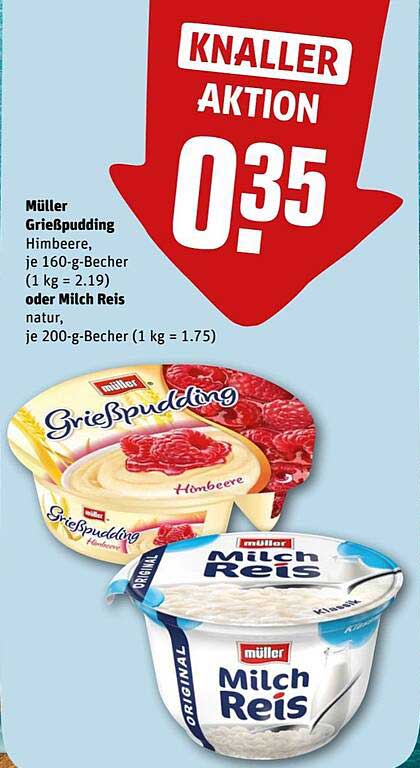 Müller Grießpudding Himbeere oder Milch Reis natur