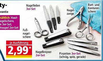 Nagelfeilen 3er-Set  
Nagelzange  
Fußnagelschere  
Nagelknipser 2er-Set  
Pinzetten 3er-Set