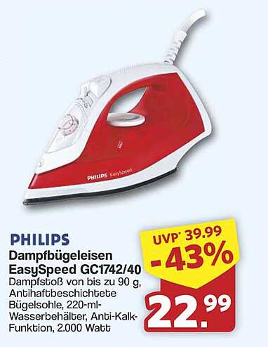 PHILIPS Dampf bügeleisen EasySpeed GC1742/40