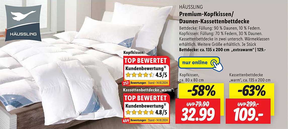 Premium-Kopfkissen/Daunen-Kassettenbettdecke