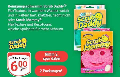 Reinigungsschwamm Scrub Daddy® FlexTexture: in warmem Wasser weich und in kaltem hart, kratzfrei, riecht nicht oder Scrub Mommy® FlexTexture und ResoFoam: weiche Spülseite für mehr Schaum