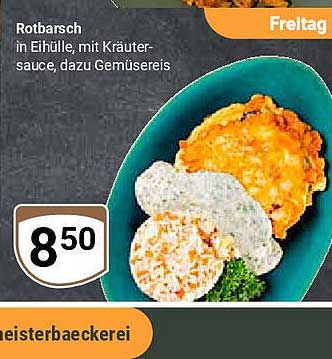 Rotbarsch in Eihülle, mit Kräutersauce, dazu Gemüsereis