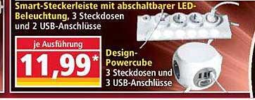 Smart-Steckleiste mit abschaltbarer LED-Beleuchtung, 3 Steckdosen und 2 USB-Anschlüsse  
Design-Powercube 3 Steckdosen und 3 USB-Anschlüsse