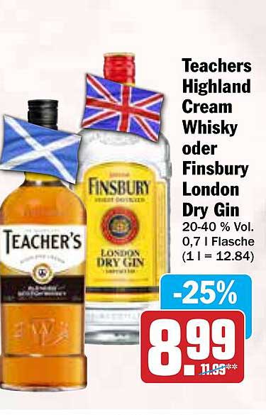 Teachers Highland Cream Whisky oder Finsbury London Dry Gin