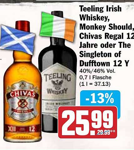 Teeling Irish Whiskey, Chivas Regal 12 Jahre oder The Singleton of Dufftown 12 Y