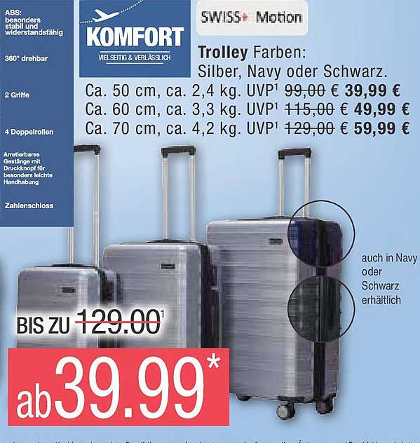 Trolley Farben: Silber, Navy oder Schwarz.