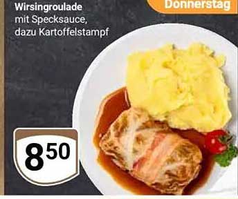 Wirsingroulade mit Specksauce, dazu Kartoffelstampf