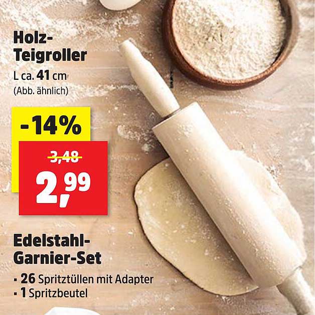 Holz-Teigroller  
Edelstahl-Garnier-Set