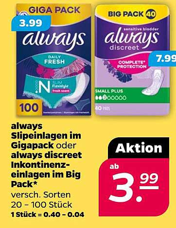 always Slipeinlagen im Gigapack oder always discreet Inkontinenzeinlagen im Big Pack*