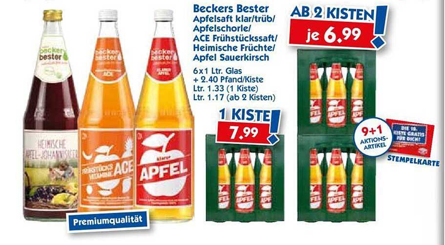 Beckers Bester Apfelsaft klar/trüb/Apfelschorle/ACE Frühstückssaft/Heimische Früchte/Apfel Sauerkirsch