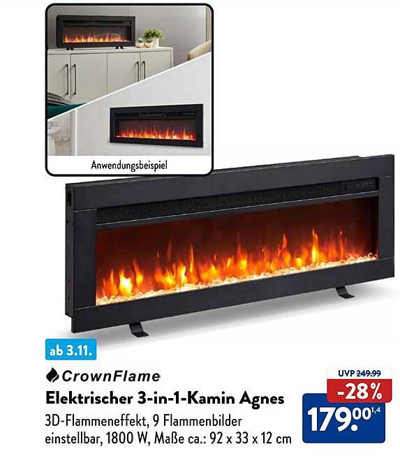 CrownFlame Elektrischer 3-in-1-Kamin Agnes