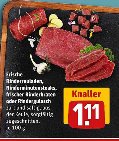 Frische Rinderrouladen, Rinderminutenssteaks, frischer Rinderbraten oder Rindergulasch