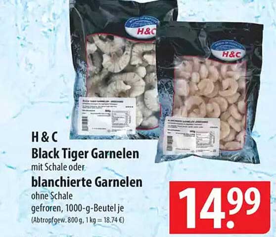 H & C Black Tiger Garnelen mit Schale oder blanchierte Garnelen ohne Schale