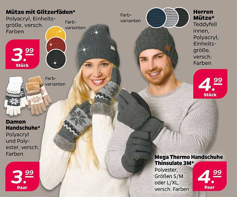 Mütze mit Glitzerfäden*  
Herren Mütze*  
Damen Handschuhe*  
Mega Thermo Handschuhe Thinsulate 3M*