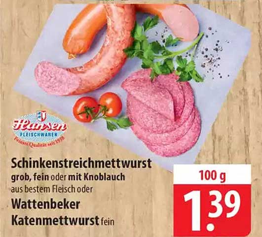 Schinkenstreichmettwurst grob, fein oder mit Knoblauch Wattenbeker Katenmettwurst fein