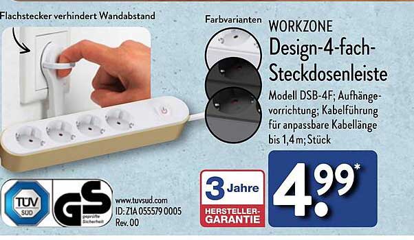 WORKZONE Design-4-fach-Steckdosenleiste