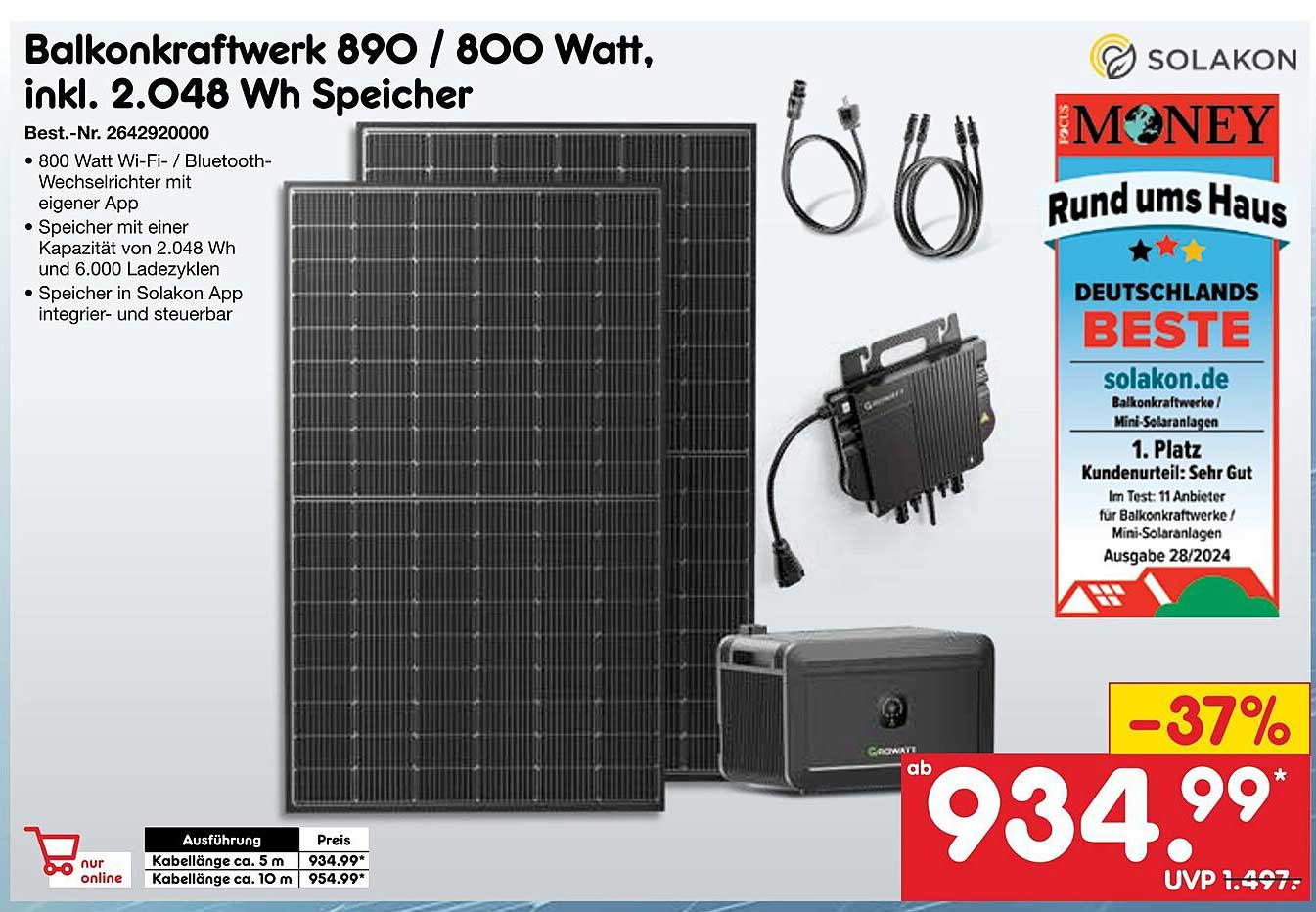 Balkonkraftwerk 890 / 800 Watt, inkl. 2.048 Wh Speicher