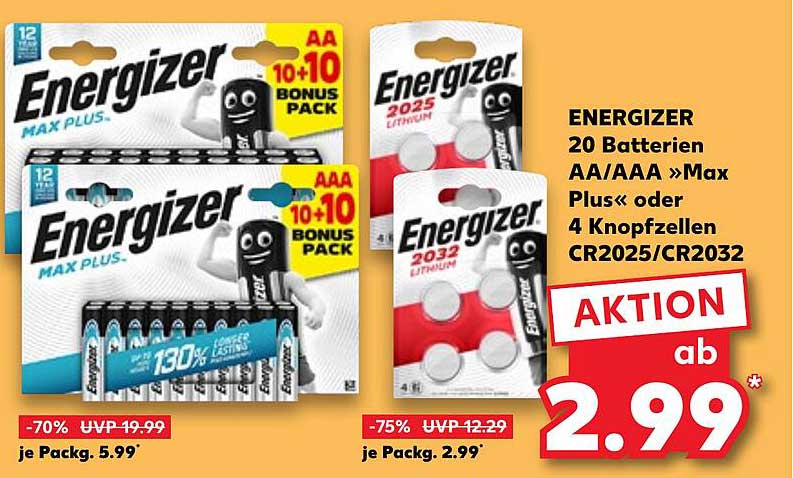 Energizer 20 Batterien AA/AAA »Max Plus« oder 4 Knopfzellen CR2025/CR2032