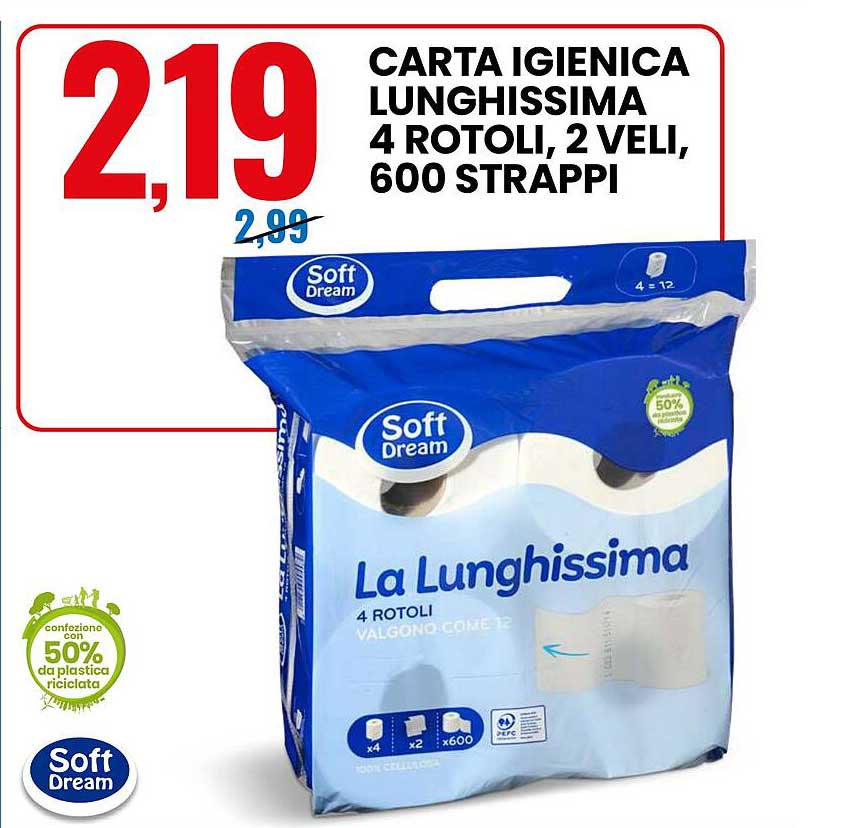 CARTA IGIENICA LUNGHISSIMA 4 ROTOLI, 2 VELI, 600 STRAPPI