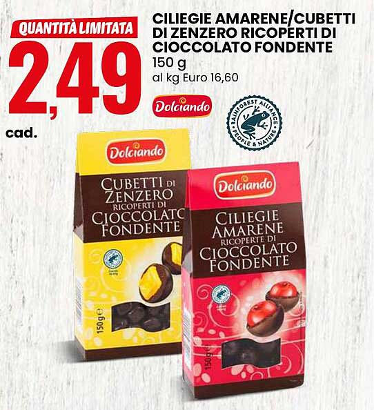 CILIEGIE AMARENE/CUBETTI DI ZENZERO RICOPERTI DI CIOCCOLATO FONDENTE