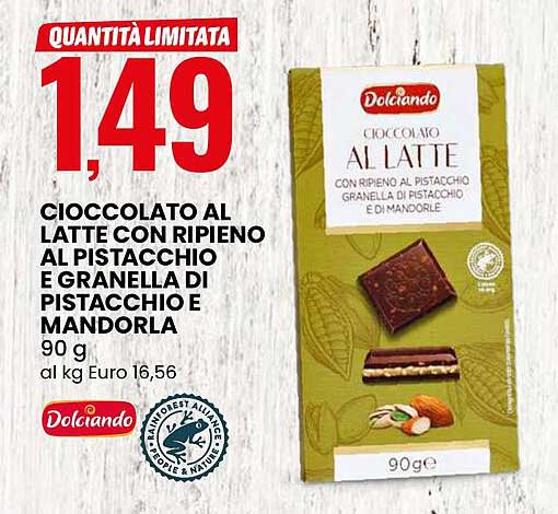 CIoccolato al latte con ripieno al pistacchio e granella di pistacchio e mandorla