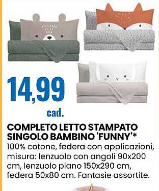 COMPLETO LETTO STAMPATO SINGOLO BAMBINO 'FUNNY'*