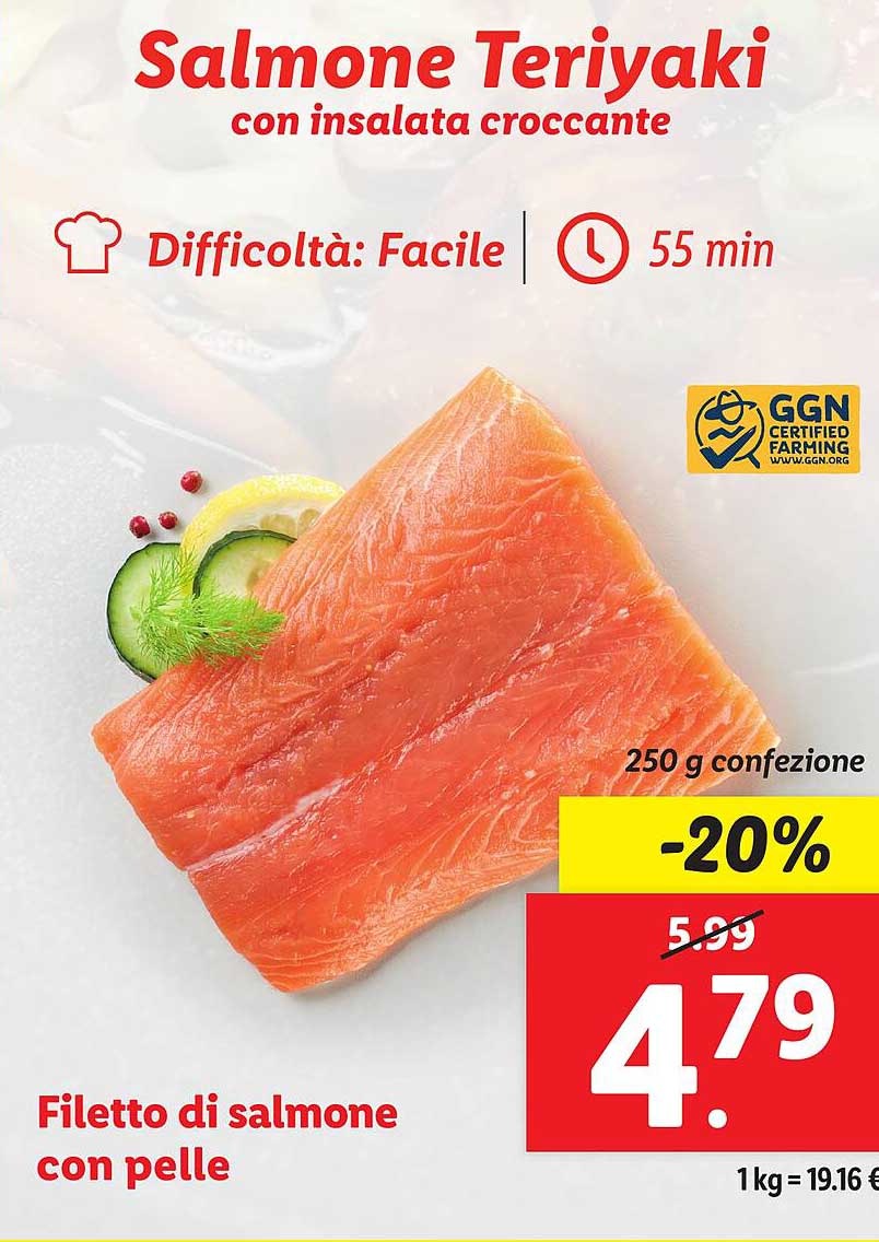 Salmone Teriyaki con insalata croccante  
Filetto di salmone con pelle