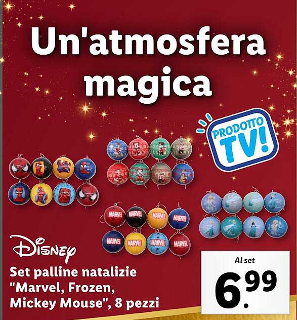 Un'atmosfera magica  
Set palline natalizie "Marvel, Frozen, Mickey Mouse", 8 pezzi